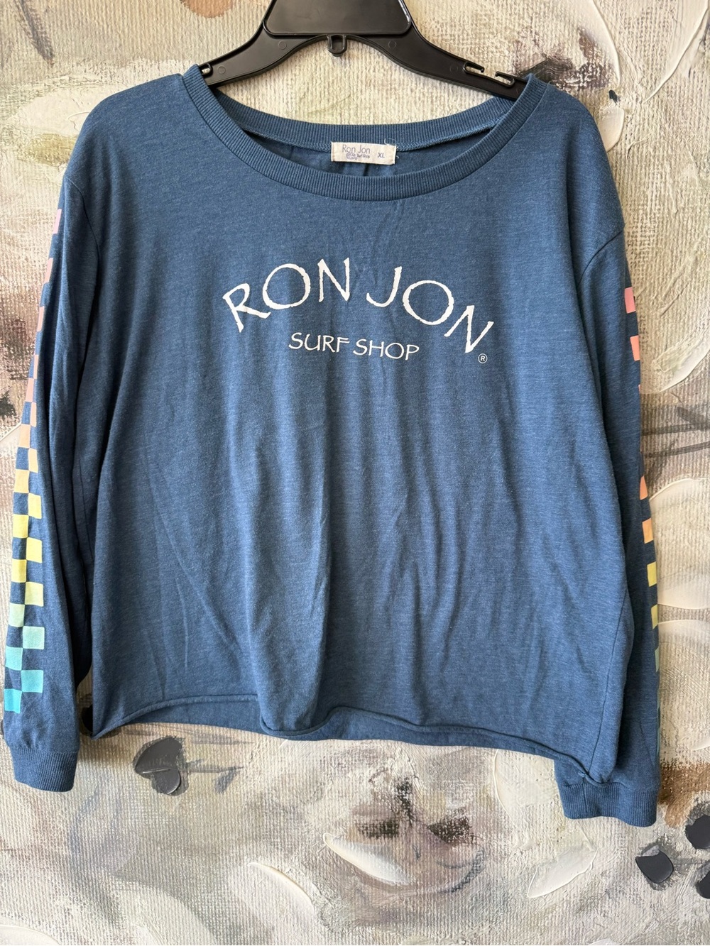 Ron Jon Blue Crewneck Sweatshirt with Pastel Checkerboard Sleeves